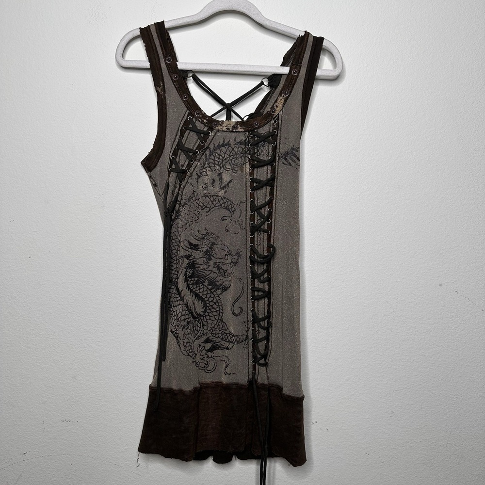SALVAGE GRAHIC DRAGON LACE-UP MINI DRESS. L